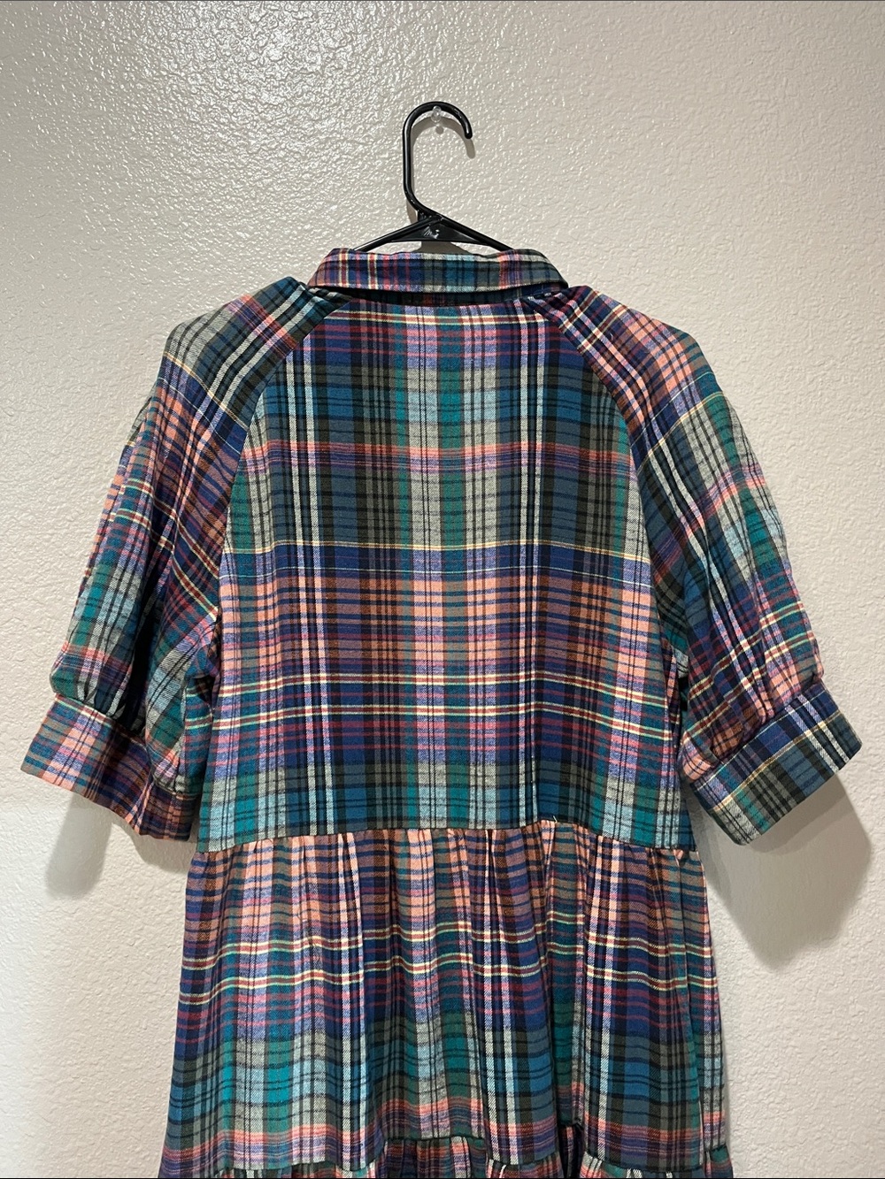 NATURAL LIFE Plaid tiered Midi Dress in Teal Navy Pink Short Sleeve Sz L Boho - Picture 8 of 9